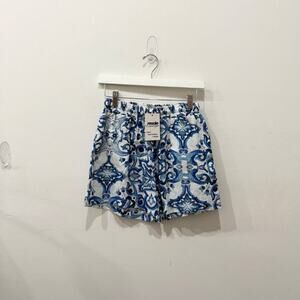 Cento Lino Coconut Linen Pull On Elastic Waist Beach Shorts Blue White Women's M